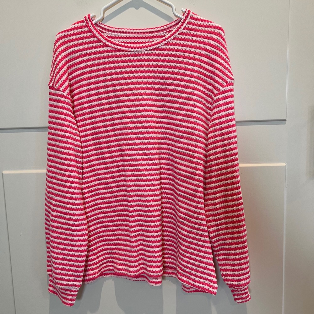 Striped Knit Pullover Top Women's‎ Size Large Long Sleeve Pink White Casual